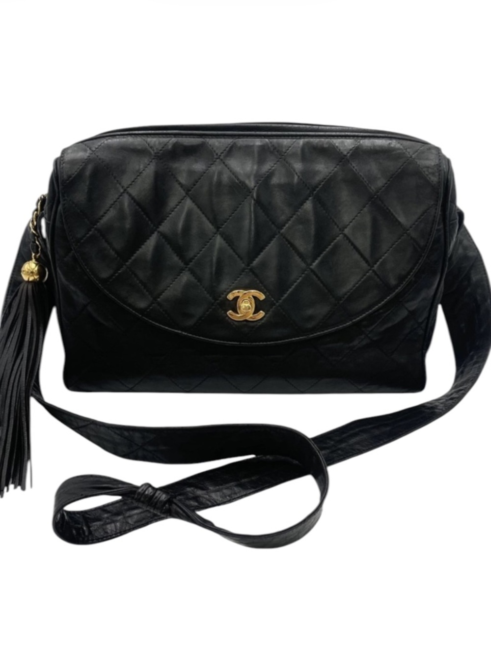 Chanel Vintage Black Lambskin Quilted Tassel Crossbody Bag Gold CC Camera Bag